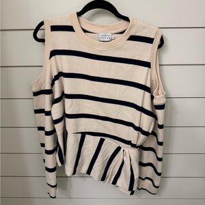 Tanya Taylor White Blue Stripe Cutout Size XXL. Long Sleeve Asymmetric Like New